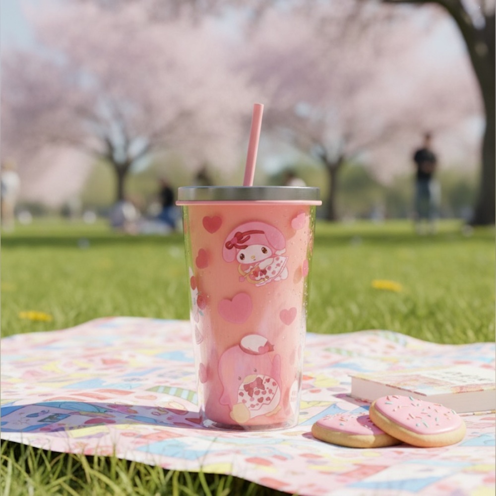 Hello Kitty Sanrio My Melody & Tuxedosam Heart Pink Zak Double Wall Tumbler NWT
